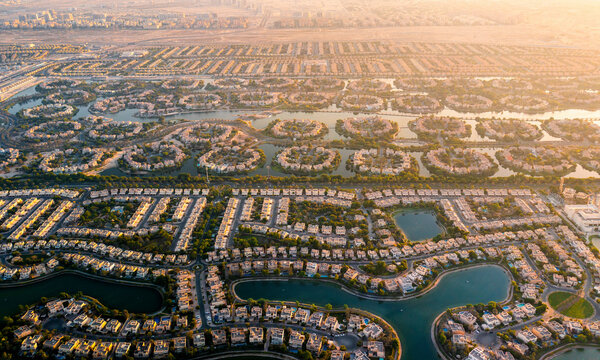 Aerial view of Jumeriah Islands at sunset, Dubai, United Arab Emirates.