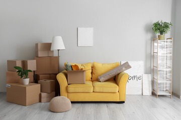 Cardboard boxes and sofa in new living room on moving day