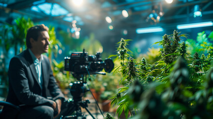 Reporter in greenhouse filming segment on cannabis. Weed News concept.