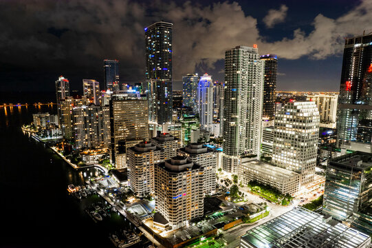 Aerial view of vibrant Miami skyline at night, Miami, United States.