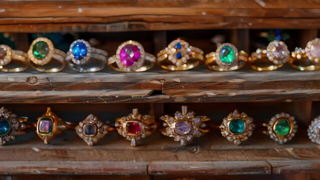 Several rows of sparkling gemstone rings ranging in size and shape displayed on a rustic wooden shelf in a quaint artisanal shop.