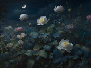 Fototapeta na wymiar The beauty of flowers at moonlight night.