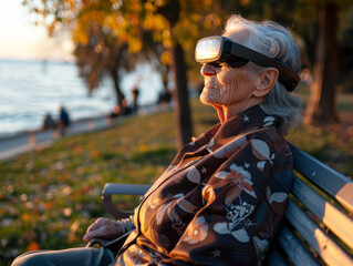 Elderly woman wearing virtual reality glasses sits on a park bench and is in the metaverse of relaxation, sea, mountains. - 763264198