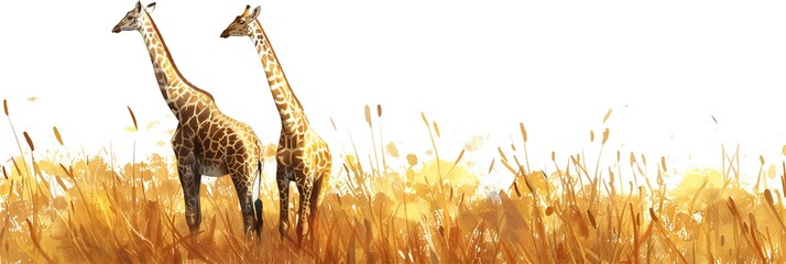 A pair of giraffes in the African savannah with yellow dry grass, lonely acacia and blue clear sky. Wildlife of Africa. panorama landscape banner empty space - obrazy, fototapety, plakaty