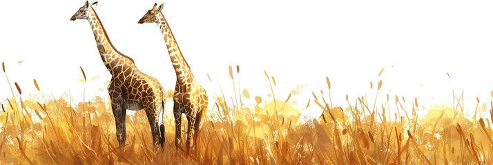 Foto auf Leinwand A pair of giraffes in the African savannah with yellow dry grass, lonely acacia and blue clear sky. Wildlife of Africa. panorama landscape banner empty space © Yulia