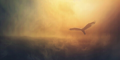 Fototapeta na wymiar Majestic Solitary Bird Glides Gracefully Through Golden Misty Sunrise Banner