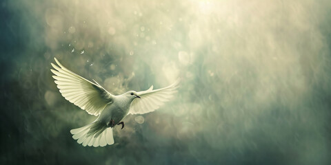 Majestic White Dove Gliding Through Misty Golden Light - Serenity Banner - obrazy, fototapety, plakaty