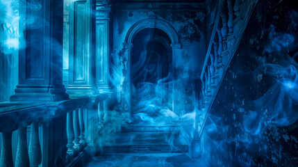Mysterious blue ghostly apparitions in an old mansion