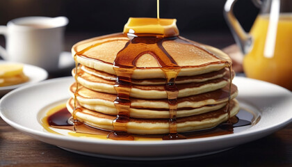 Pancakes stacked and drizzled with honey, generative AI.



