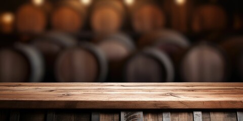 barrel and worn old table of wood in front of abstract blurred wine barrels background