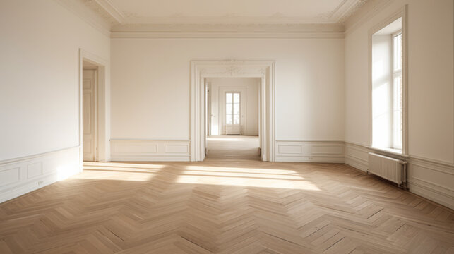 A large, empty room with a white door and two windows. The room is very spacious and has a clean, minimalist feel