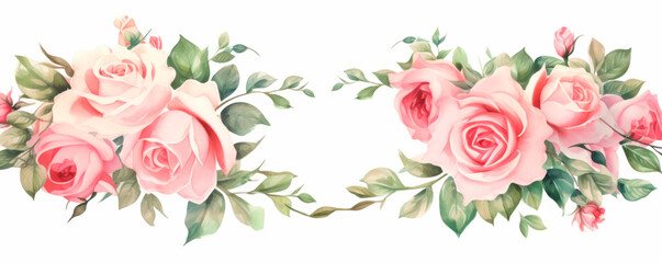 Two vibrant pink roses stand out against a crisp white background, adorned with lush green leaves. The delicate petals of the roses contrast beautifully with fresh green foliage. Banner. Copy space