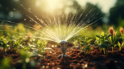 Automatic lawn sprinkler watering green grass, water conservation, blurred background - obrazy, fototapety, plakaty