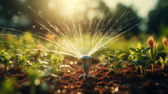 Automatic lawn sprinkler watering green grass, water conservation, blurred background