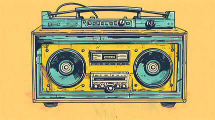 Fototapeta premium Vintage boombox sound system. 1980s Boom Box Cassette Tape Player. Old school vintage radio tape recorder doodle double cassette speaker. Generative Ai