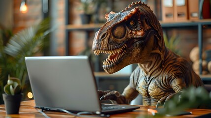 Naklejka premium Tyrannosaurus rex dinosaur working in office setting with laptop on business tasks. Concept Dinosaur in Office, Tyrannosaurus rex, Business Tasks, Office Setting, Laptop