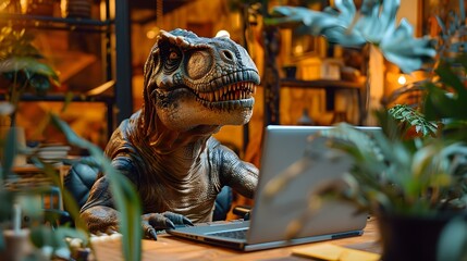 Tyrannosaurus rex dinosaur in office setting sitting at desk with laptop working on business tasks....