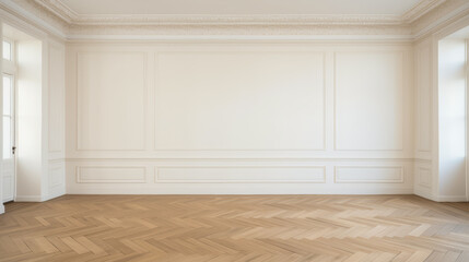 Fototapeta premium A large, empty room with a white wall and wooden floors. The room is very spacious and has a clean, minimalist feel