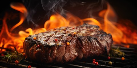 Beef steak on the grill with flames, summer BBQ