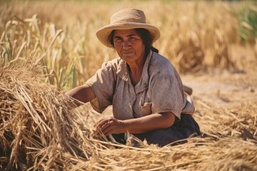 Naklejka na ściany i meble a Mexican old farmer harvesting in field