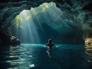 a person swimming through an underwater cave