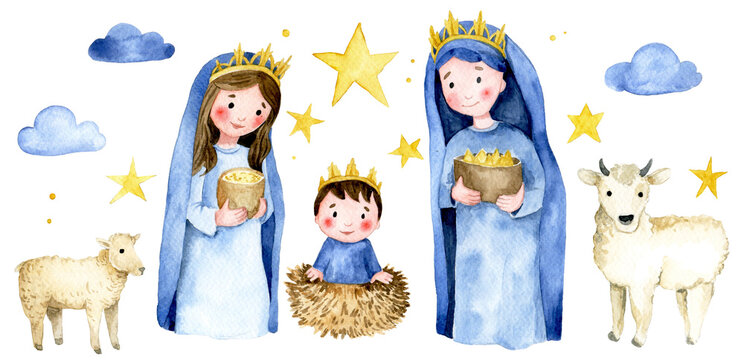 watercolor set of jesus christ in the manger and the wise men, christmas illustration for children. watercolor drawing