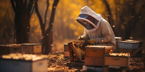 Beekeeper is working with bees in apiary. Beekeeping concept 
