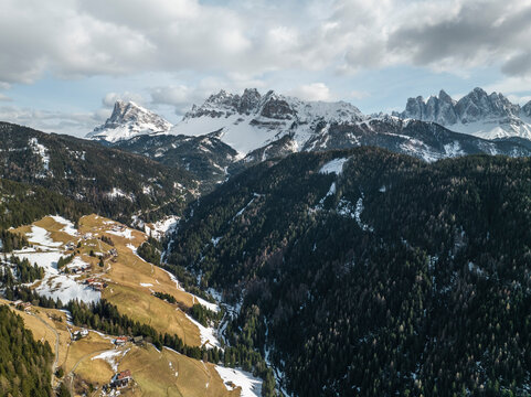 Aerial view of Val di Funes, alps, dolomites, South Tyrol, Brixen, Italy.