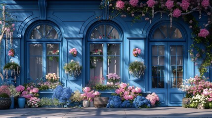 an AI-generated image of a charming blue flower shop window adorned with arched windows, featuring delicate pink peonies in full bloom - Powered by Adobe