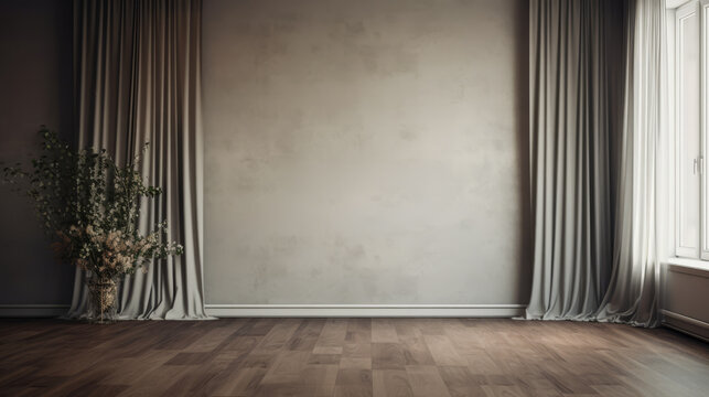 A large empty room with a white wall and a large window. The curtains are drawn, and there is a potted plant in the corner. The room has a minimalist and clean look, with the white walls