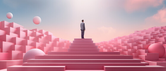 Man Standing on the Highest Step Overlooking a Surreal Pink Staircase Landscape