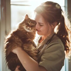 a fluffy cat at a veterinarian's appointment at the clinic, The concept of caring for the health of pets, veterinarian's day