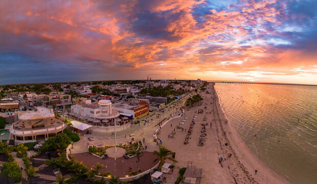 Aerial view of beautiful Progreso beach at sunset, Yucatan, Mexico.
