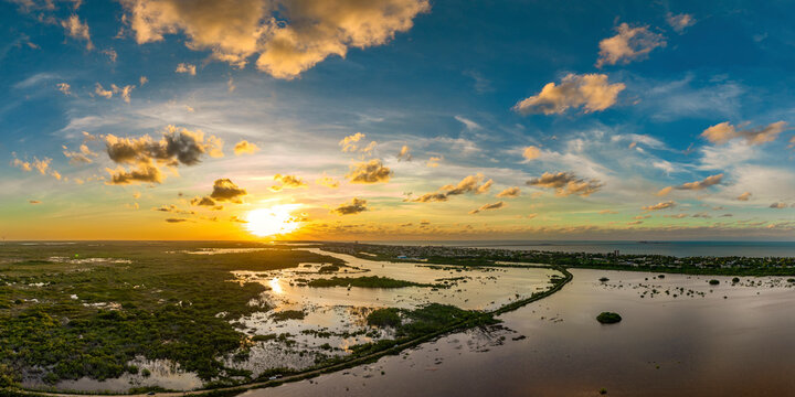 Aerial view of tranquil Progreso dock at sunset, Yucatan, Mexico.