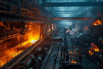 Fototapeta na wymiar Steel plant pouring workshop. AI technology generated image