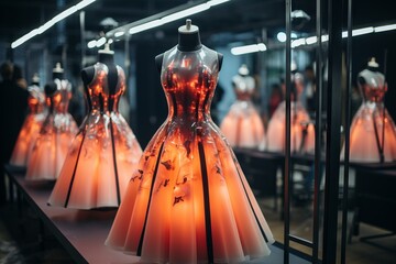 Beautiful orange dresses on glowing mannequins