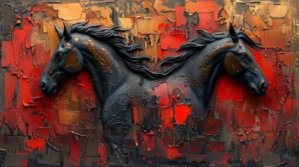 Painting from the modern era, abstract, metal elements, texture background, animals, horses,