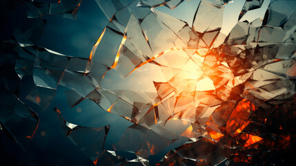 A shattered glass wall with sunlight shining through its cracks, creating a dramatic and fragmented pattern of light and shadows. Anger, rage. Anger and rage. Abstract backgroundю. Banner. Copy space - obrazy, fototapety, plakaty