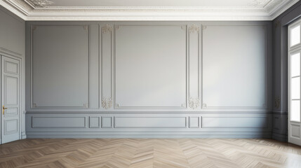 A large, empty room with a white wall and a wooden floor. The room is very spacious and has a clean, minimalist look