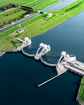 Aerial drone view of Hydro Electric powerstation Nederrijn, Waterkrachtcentrale Maurik, The Netherlands.