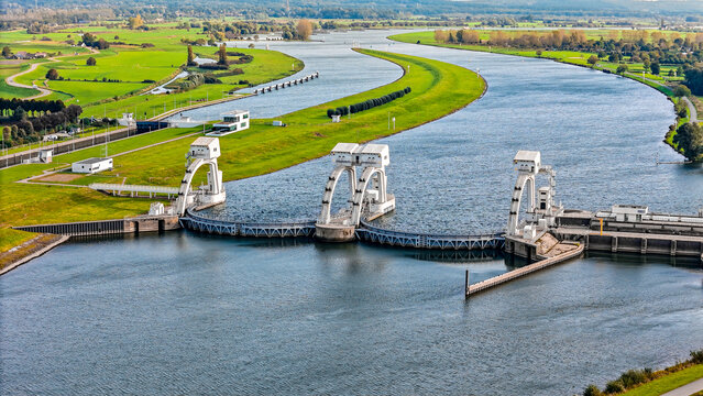 Aerial drone view of Hydro Electric powerstation Nederrijn, Waterkrachtcentrale Maurik, The Netherlands.