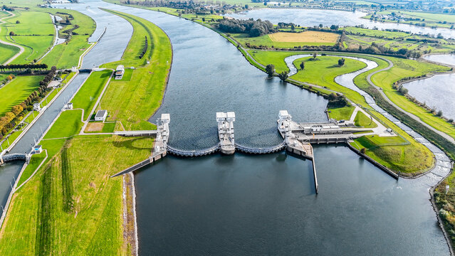 Aerial drone view of Hydro Electric powerstation Nederrijn, Waterkrachtcentrale Maurik, The Netherlands.