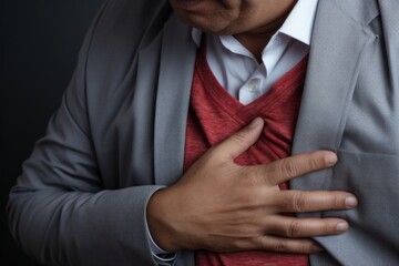 the discomfort of a man suffering from heartburn,close up