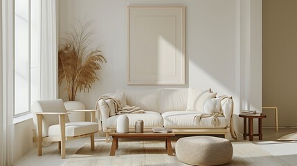 an AI-generated image of a comfortable living room with beige color scheme, art decoration, and a white mockup frame