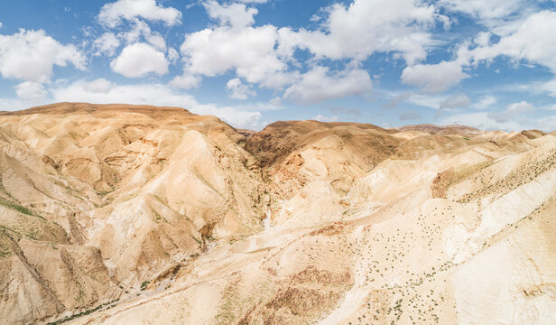 Aerial view of vast, remote Negev desert landscape, Jericho Governorate, Palestine.