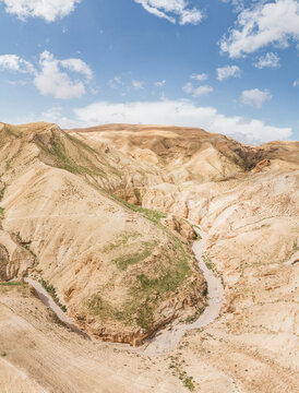Aerial view of beautiful arid landscape with mountain formations, Israel.