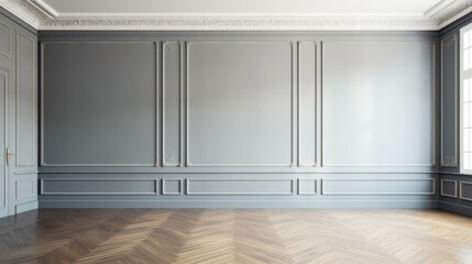 Fototapeta premium A large, empty room with a white wall and wood floors. The room is very spacious and has a clean, minimalist look