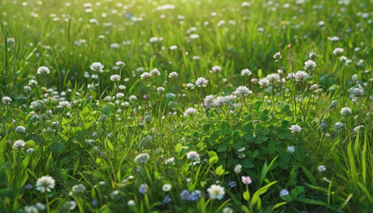 Fototapeta premium Clover and other wildflowers growing in a green meadow. Very detailed details. Generative AI.