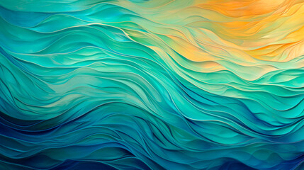 A painting depicting a powerful wave in shades of blue and yellow crashing onto a shore. The vibrant colors and dynamic movement of the wave are the focal points of the artwork. Banner. Copy space