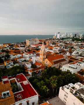Aerial drone view of the Cathedral of Cartagena de Indias in Cartagena, Colombia.